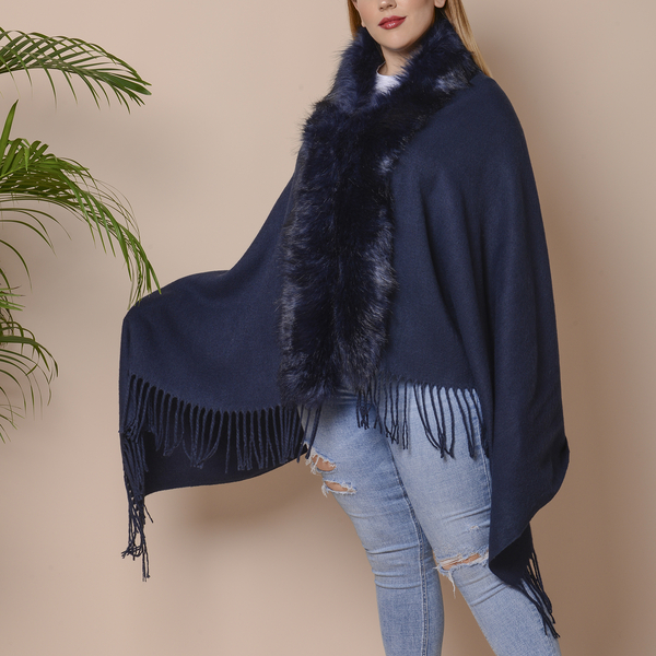 Designer Inspired Faux Fur Trimmed Cape - Navy Blue (One Size; 170x77+10cm)