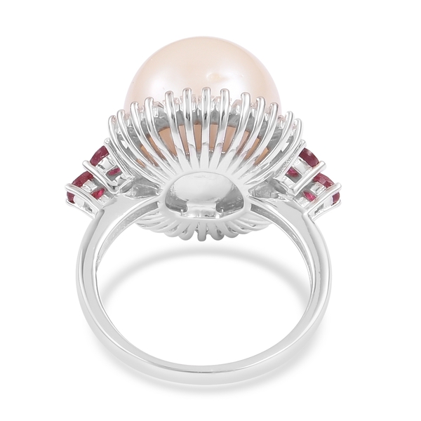 Very Rare Size Edison Pearl (Rnd 14.5-15mm), African Ruby and White Topaz Ring in Rhodium Plated Sterling Silver