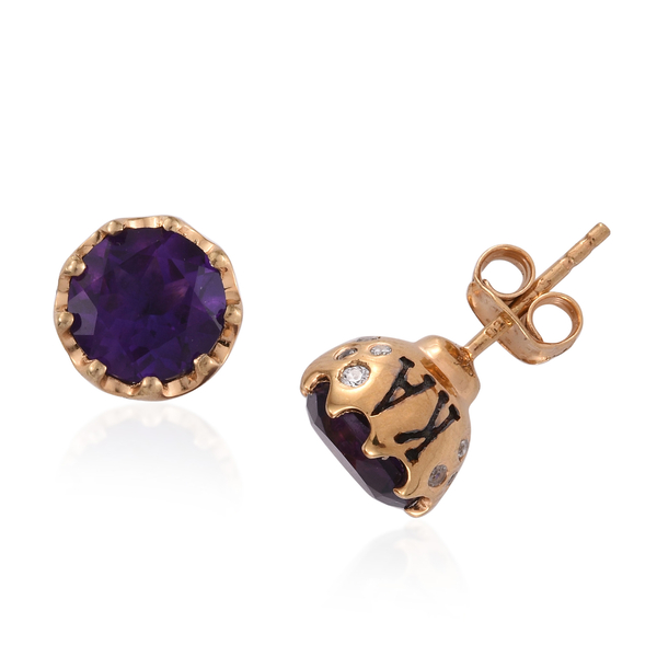 JCK Vegas Collection Amethyst (Rnd), Natural Cambodian Zircon Stud Earrings (with Push Back) in Yell