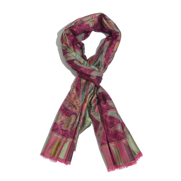 100% Modal Multi Colour Floral and Leaves Pattern Fuchsia and Green Colour Jacquard Scarf (Size 190x70 Cm)