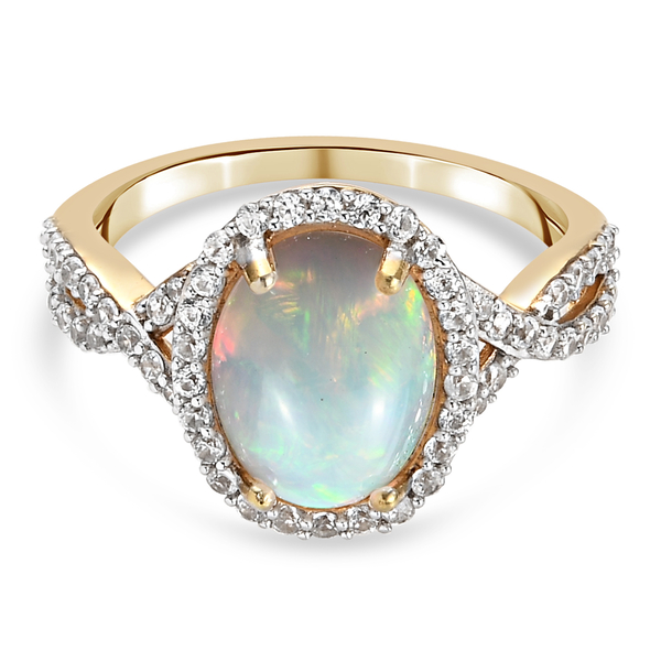 Ethiopian Welo Opal and Natural Cambodian Zircon Ring in Yellow Gold Overlay Sterling Silver 2.92 Ct