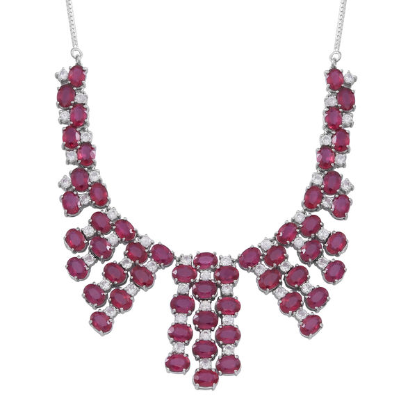 African Ruby (Ovl), White Zircon Necklace (Size 18) in Rhodium Plated Sterling Silver 70.000 Ct.