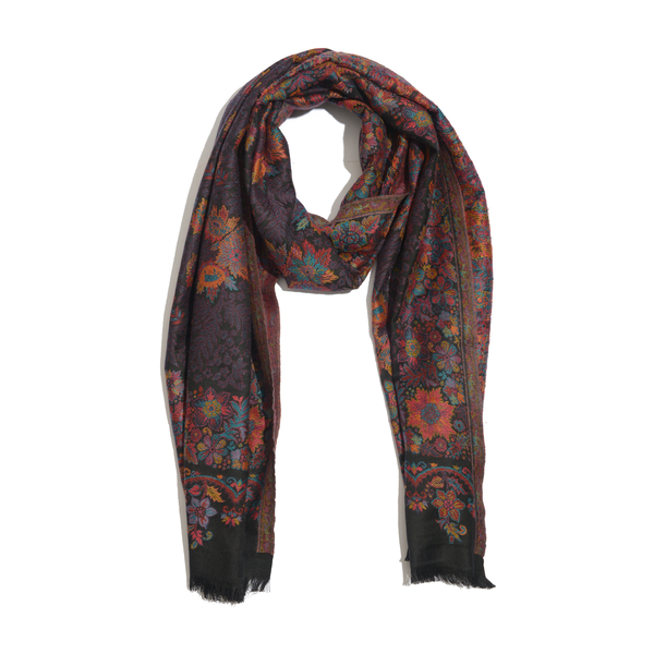 Superfine 100% Merino Wool Multi Colour Flowers Embroidered Black Colour Scarf (Size 200x70 Cm) Weight 280 Gram