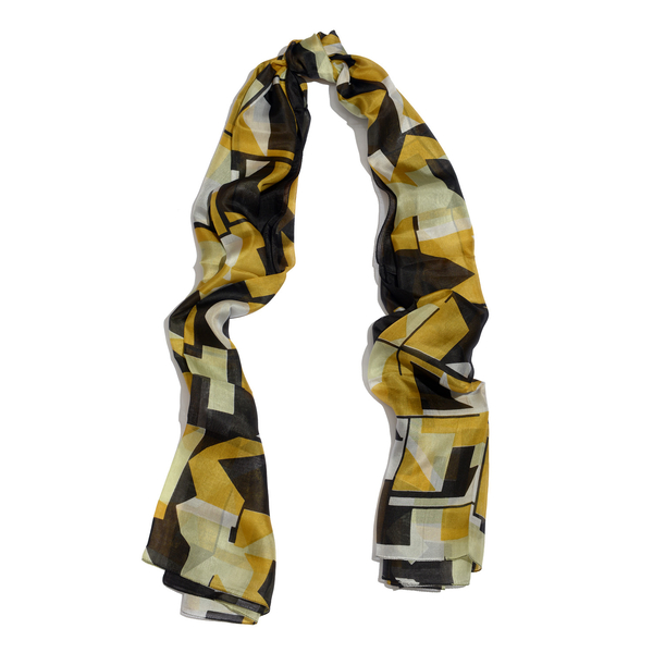 100% Mulberry Silk Yellow and Black Colour Abstract Pattern Cream Colour Scarf (Size 175x100 Cm)