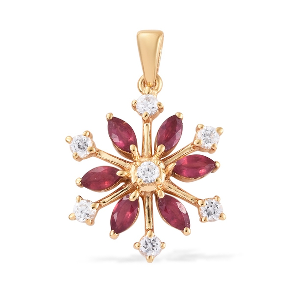 AA African Ruby (Mrq), Natural Cambodian Zircon Snowflake Pendant in 14K Gold Overlay Sterling Silve