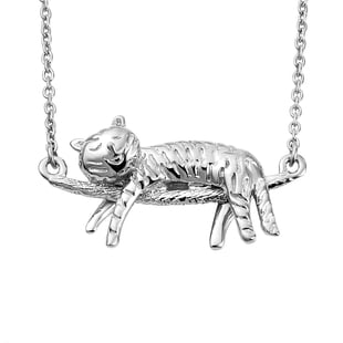 Platinum Overlay Sterling Silver Cat Necklace (Size 18), Silver wt 6.50 Gms.