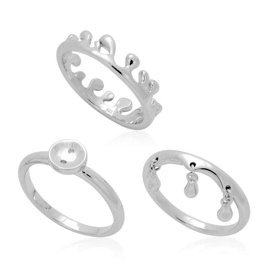 Set of 3 - LucyQ Button, Triple Drip and Ocean Wave Ring in Rhodium Plated Sterling Silver