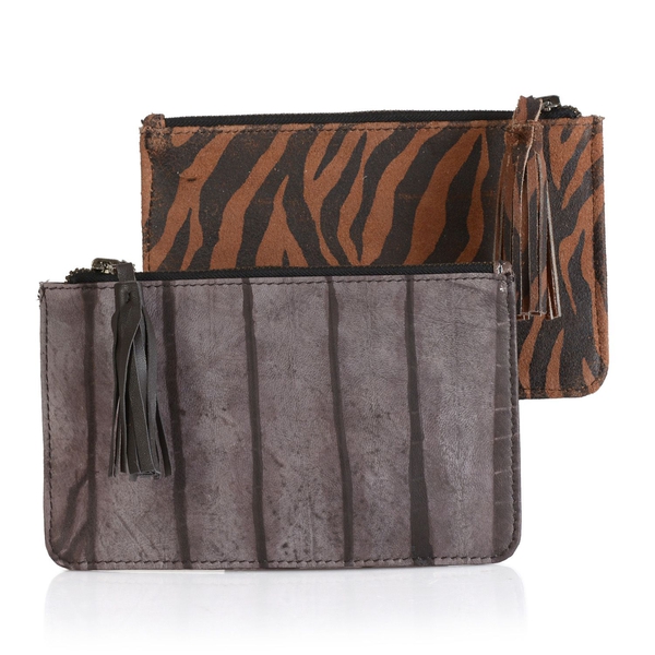Set of 2 - Genuine Leather Chocolate Colour Zebra Printed Tassel Pouch with Card Slot inside (Size 19.5x12.5 Cm)