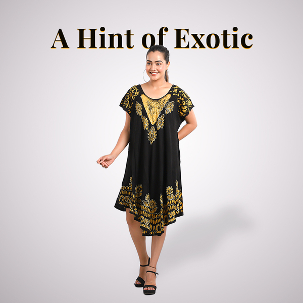 Viscose Crepe Umbrella Dress Embellished with Batik and Embroidery (Size 120x105 Cm) - Black & Yellow
