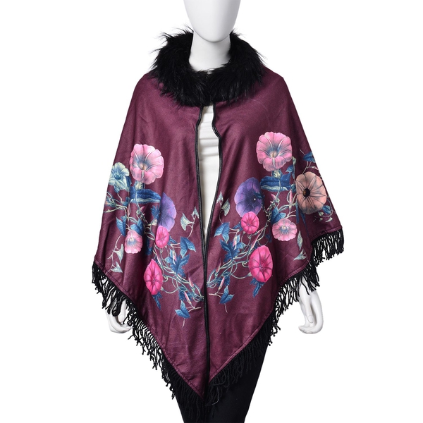 Designer Inspired Burgundy Floral Pattern Faux Fur Collar Reversible Poncho with Tassels (Free Size)