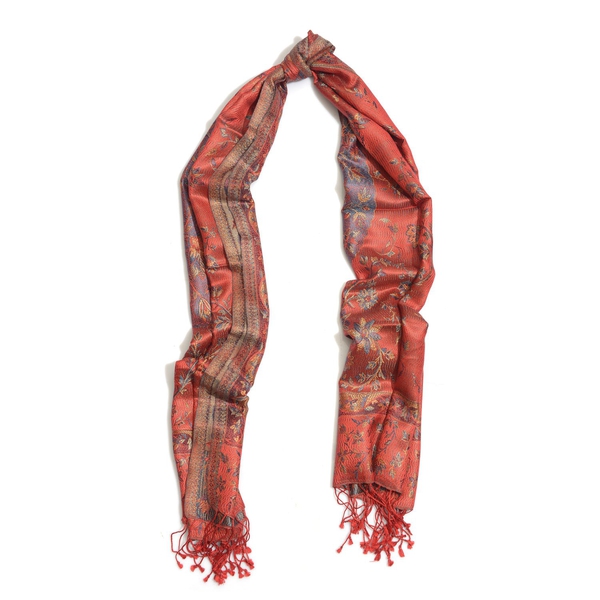 100% Superfine Silk Multi Colour Floral Pattern Red Colour Jacquard Jamawar Scarf with Fringes (Size 180x65 Cm) (Weight 125-140 Grams)