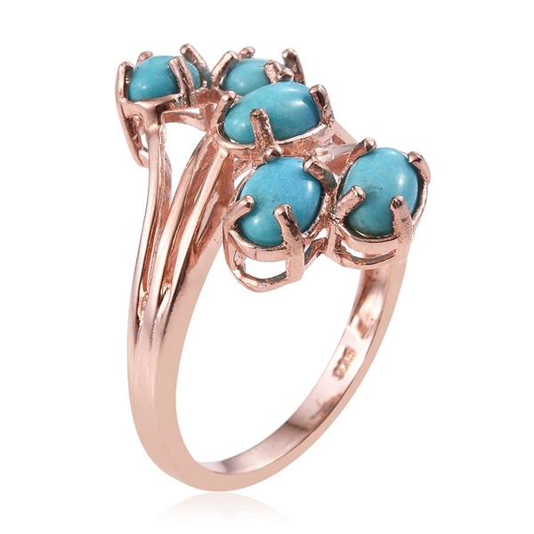 Kingman Turquoise (Ovl) 5 Stone Crossover Ring in Rose Gold Overlay Sterling Silver 2.000 Ct.