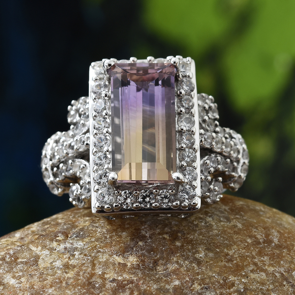 Natural Anahi Ametrine (Bgt 3.75 Ct), Natural White Cambodian Zircon Cluster Ring in Platinum Overlay Sterling Silver 5.750 Ct, Silver wt 7.16 Gms.