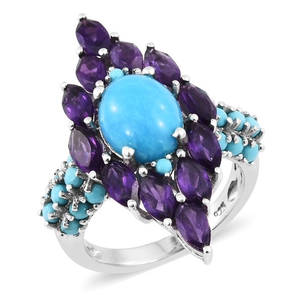 5.75 Ct Sleeping Beauty Turquoise and Amethyst Cluster Ring in Platinum Plated Silver 5.12 Grams