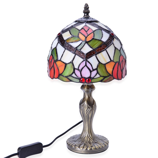 Limited Edition - Tiffany Style Table Lamp with Stained Glass Green, White and Multi Colour Red Colo