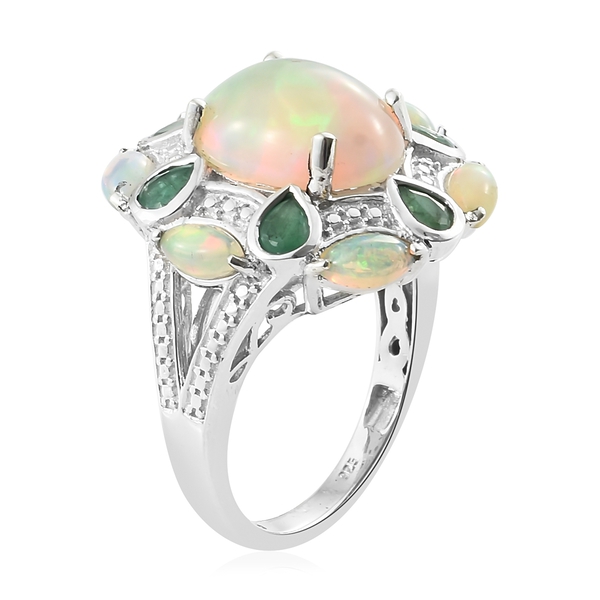 Limited Edition- Ethiopian Welo Opal (Ovl 3.20 Ct), Kagem Zambian Emerald Floral Ring in Platinum Overlay Sterling Silver 5.000 Ct. Silver wt 6.05 Gms.