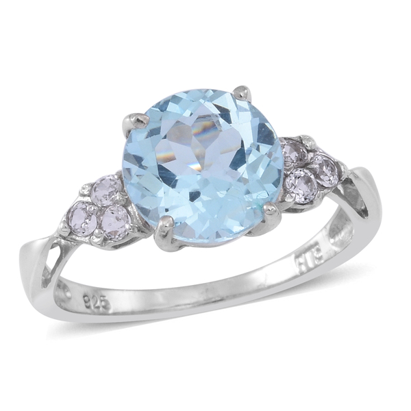 Sky Blue Topaz (Rnd 3.50 Ct), White Topaz Ring in Rhodium Plated Sterling Silver 4.000 Ct.