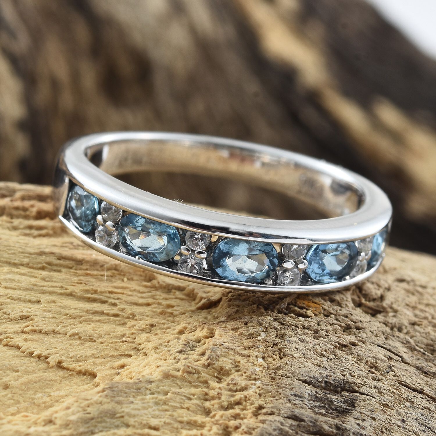 9K White Gold AA Santa Maria Aquamarine (Ovl), Natural Cambodian Zircon Half Eternity Band Ring 1.000 Ct.