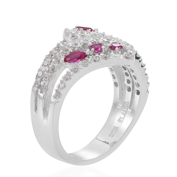 ELANZA AAA Simulated Ruby (Mrq), Simulated White Diamond Ring in Rhodium Plated Sterling Silver