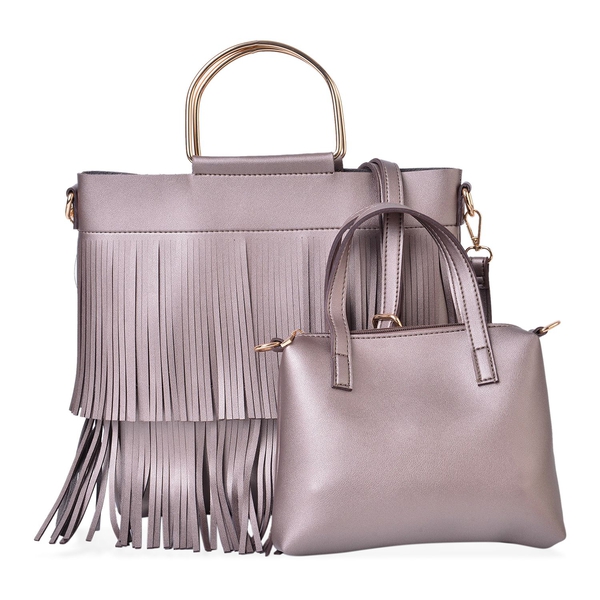 Set of 2 - Bronze Colour Large Handbag with Fringes (Size 30X27X8 Cm) and Small Handbag (Size 22X18X