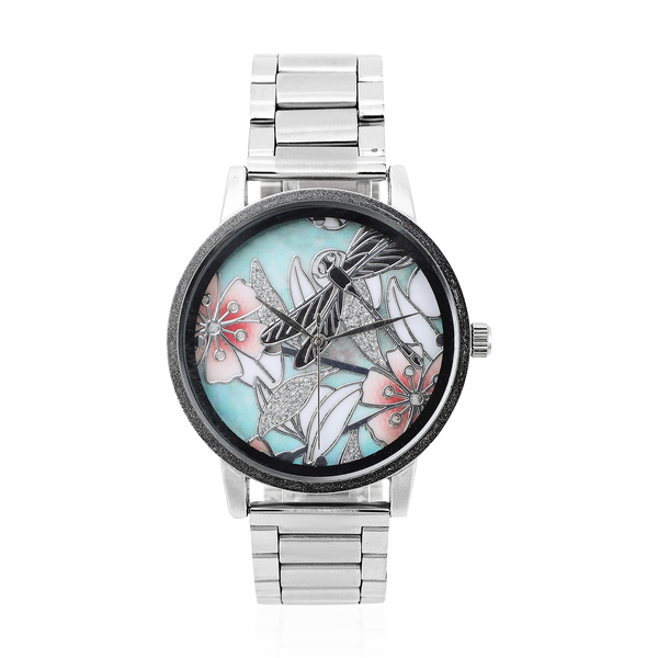 STRADA Japanese Movement Dragonfly & Floral Pattern Dial Water Resistant Watch with Silver Colour Ch