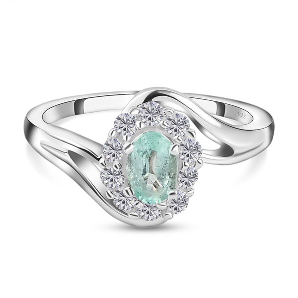 Boyaca Colombian Emerald and Natural Cambodian Zircon Ring in Platinum Overlay Sterling Silver