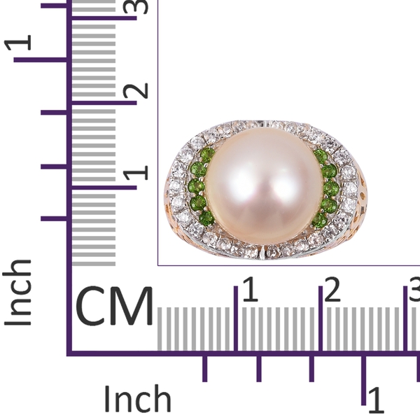 Rare Size South Sea Golden Pearl (Rnd 11.5-12 mm), Natural White Cambodian Zircon and Chrome Diopside Ring in Rhodium and Gold Overlay Sterling Silver 11.110 Ct. Silver wt 5.35 Gms.
