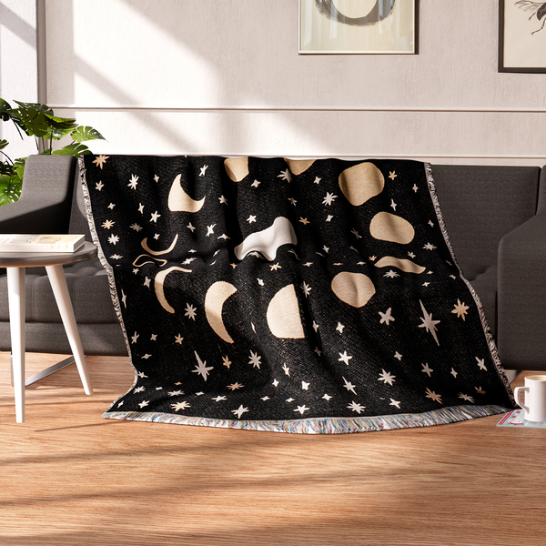 100% Cotton Jacquard Woven Moon Phase Print Throw with Fringes (Size 155x125 Cm) - Black