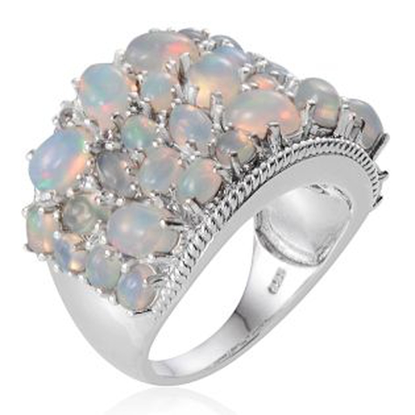 Ethiopian Welo Opal (Ovl), White Topaz Cluster Ring in Platinum Overlay Sterling Silver 7.900 Ct.