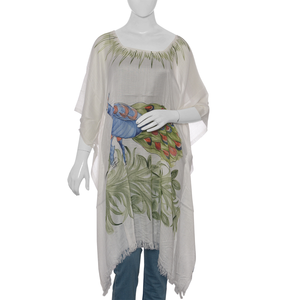 Designer Inspired Hand Painted Green and White Colour Beach Tree Pattern Kaftan (Free Size)