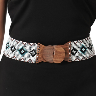 Stretchable Seed Bead Belt in Wooden Buckle - Purple