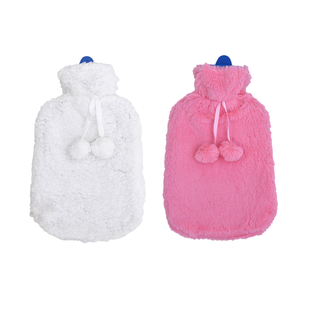 Set of 2 Hot Water Bottles with Faux Fur Cover  Light Blue and Pink