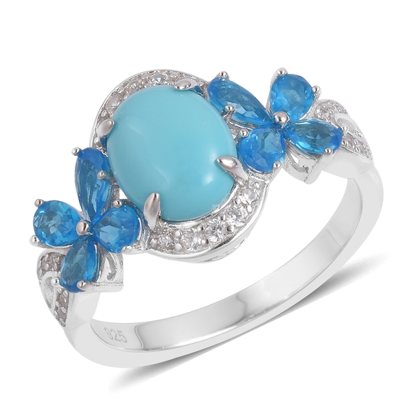 3.64 Ct Sleeping Beauty Turquoise and Multi Gemstone Floral Ring in Platinum Plated Sterling Silver