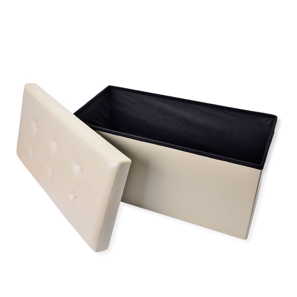 Cream Colour Faux Leather Foldable Large Storage Ottoman with Padded Seat (Size 75x38x38 Cm)