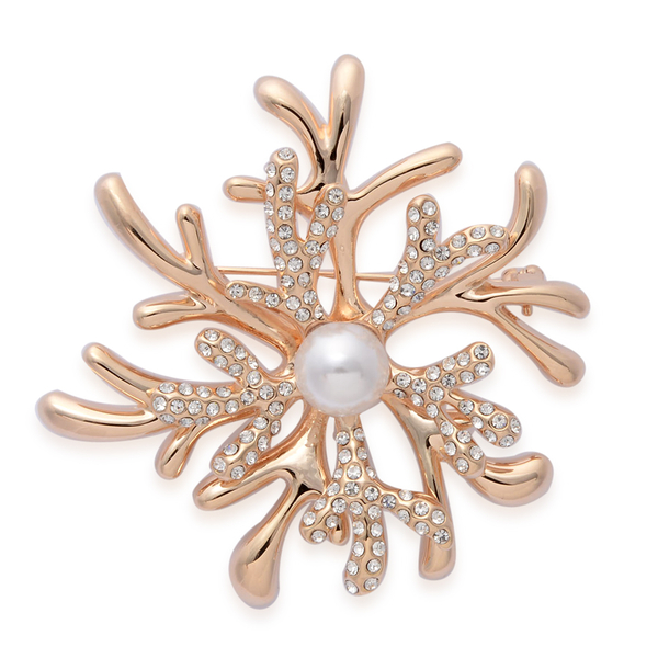 Simulated White Pearl and White Austrian Crystal Brooch in Gold Tone