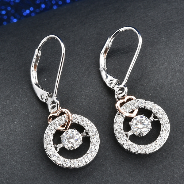 Moissanite Circle Dangling Earrings (With Lever Back) in Rose Gold and Platinum Overlay Sterling Silver