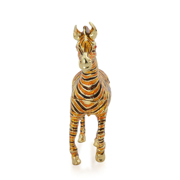 Brown and Yellow Colour Enameled Zebra Shape Trinket Box in Gold Tone with Simulated Red Stone