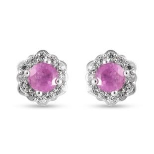 Pink Sapphire and Natural Cambodian Zircon Floral Stud Earrings (with Push Back) in Platinum Overlay