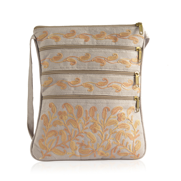 Hand Embroidered Yellow Colour Paisley Pattern Light Grey Suede Fabric Sling Bag (Size 27x20 Cm)
