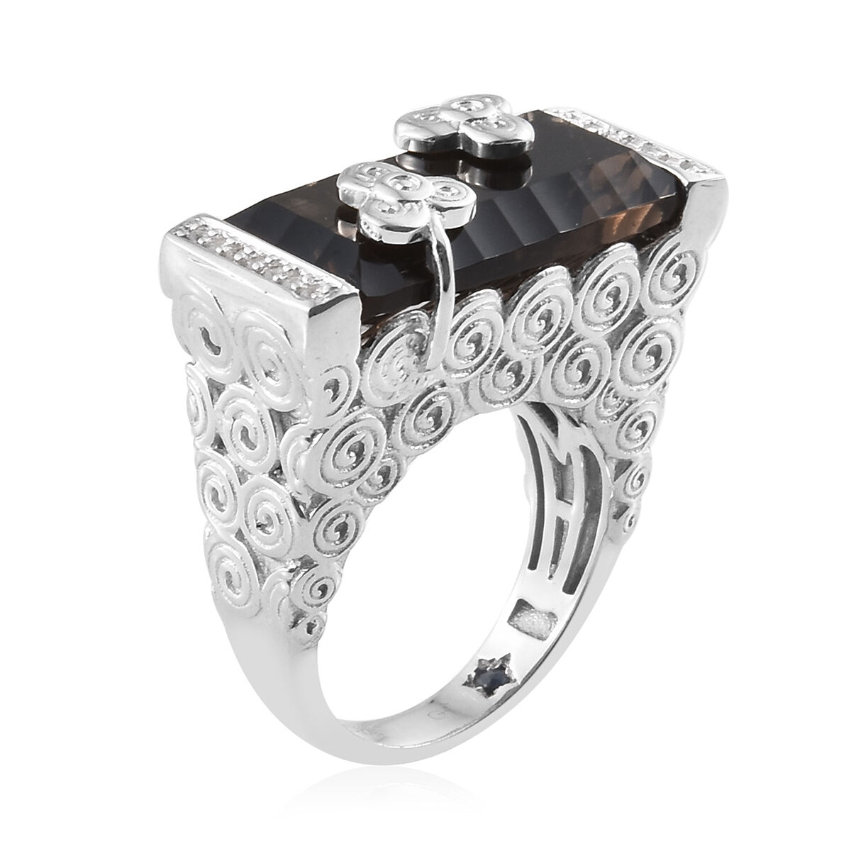 GP Brazilian Smoky Quartz (Bgt 9.88 Ct), Natural White Cambodian Zircon and Kanchanaburi Blue Sapphire Ring in Platinum Overlay Sterling Silver 10.000 Ct, Silver wt 9.00 Gms.