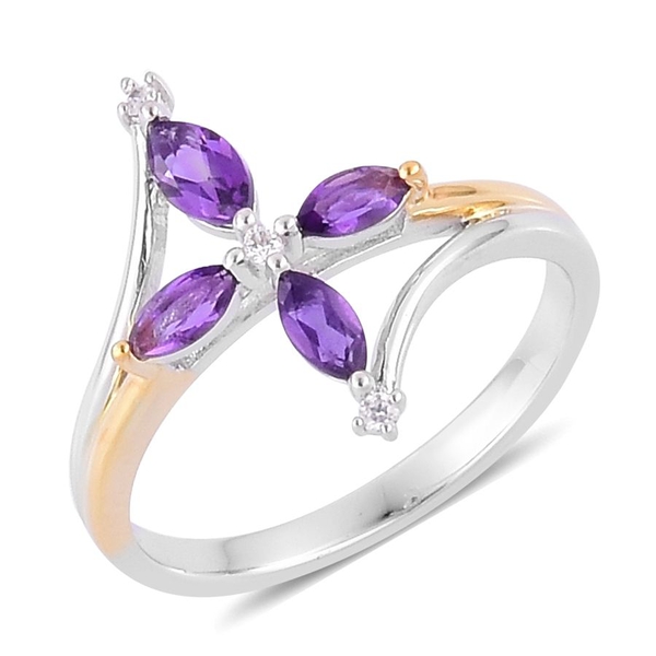 AA Lusaka Amethyst (Mrq), White Zircon Ring in Yellow Gold and Platinum Overlay Sterling Silver 0.70
