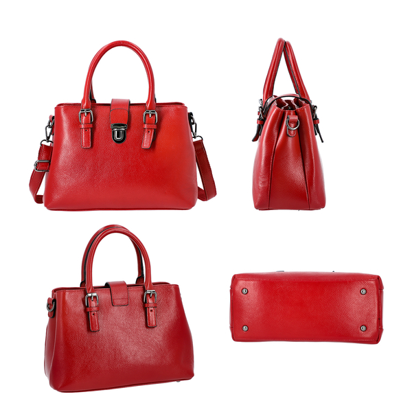 100% Genuine Leather Handbag with Detachable Shoulder Strap and Zipper Closure (Size 30x12x20cm) - Burgundy