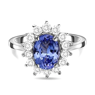 Premium Tanzanite (Oval 10x8 mm 2.70 Ct.) and Natural Cambodian Zircon Ring in Platinum Overlay Ster
