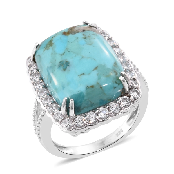 Arizona Matrix Turquoise (Cush 13.30 Ct), Natural Cambodian Zircon Ring in Platinum Overlay Sterling