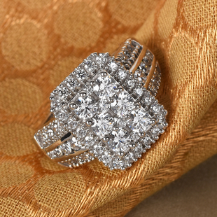 Lustro Stella Platinum Overlay Sterling Silver Cluster Ring Made with Finest CZ 3.41 Ct, Silver Wt. 5.92 Gms