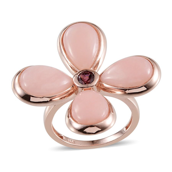 Peruvian Pink Opal (Pear), Rhodolite Garnet Lily Floral Ring in Rose Gold Overlay Sterling Silver 9.