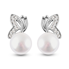 Freshwater Pearl and Simulated Diamond Butterfly Design Earrings (with Push Back) in Rhodium Overlay