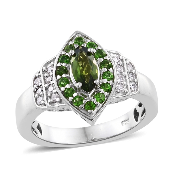 1 Carat  Diopside and Natural Cambodian Zircon Ring in Platinum Plated Silver