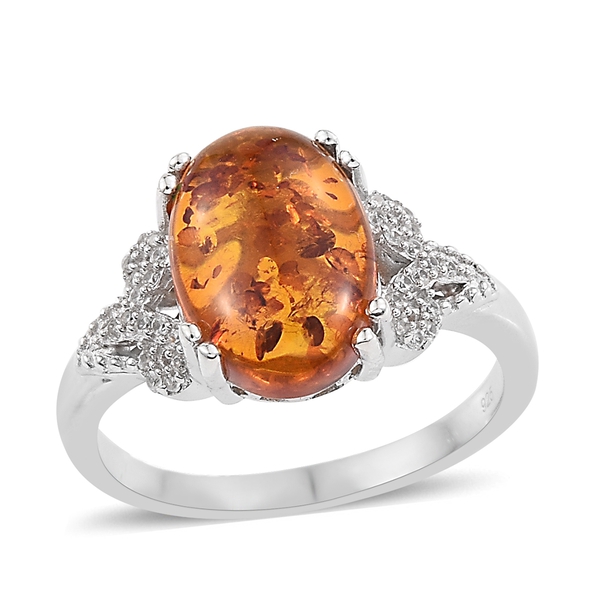 Baltic Amber (Ovl 2.00 Ct), Natural Cambodian Zircon Ring in Platinum Overlay Sterling Silver 2.250 
