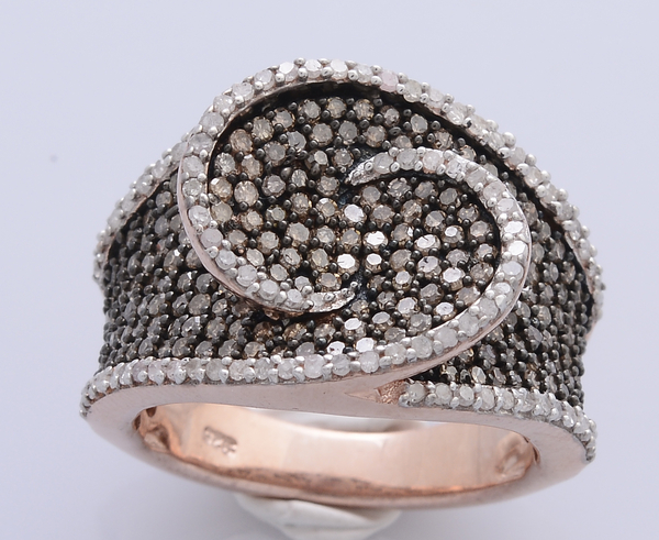 Designer Inspired Limited Edition Natural Champagne Diamond (Rnd), White Diamond Ring in Black Rhodium and Rose Gold Overlay Sterling Silver 1.500 Ct.